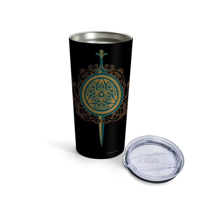 Intricate Celtic Knot Shield and Sword Design Travel Mug