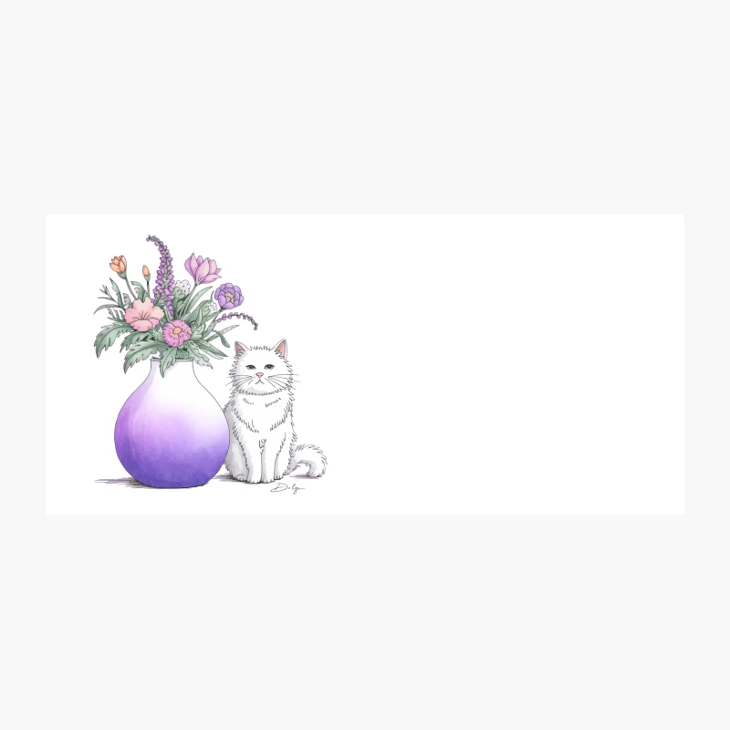 Whimsical Watercolor: White Cat and Purple Floral Vase Coffee Mug