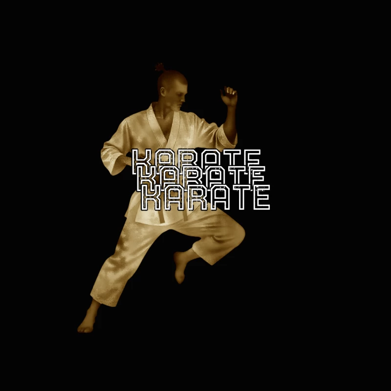 Karate Fighter in Dynamic Combat Stance with Stylized Text Tapestry