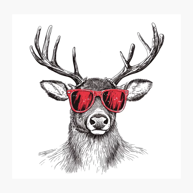 Cool Deer with Red Sunglasses Black and White Illustration Throw Pillow