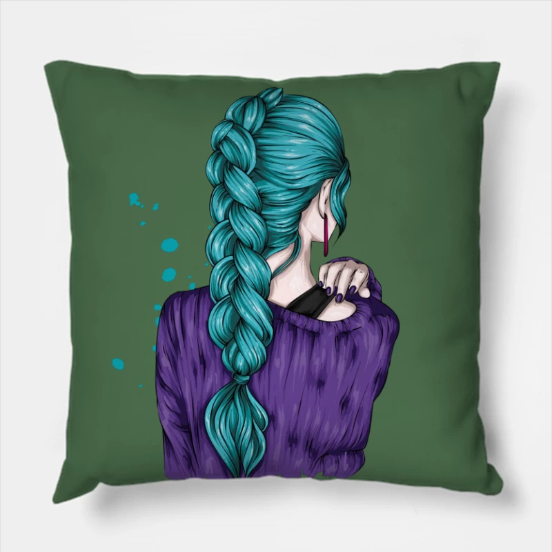Teal Braided Hair Fashion Illustration Throw Pillow