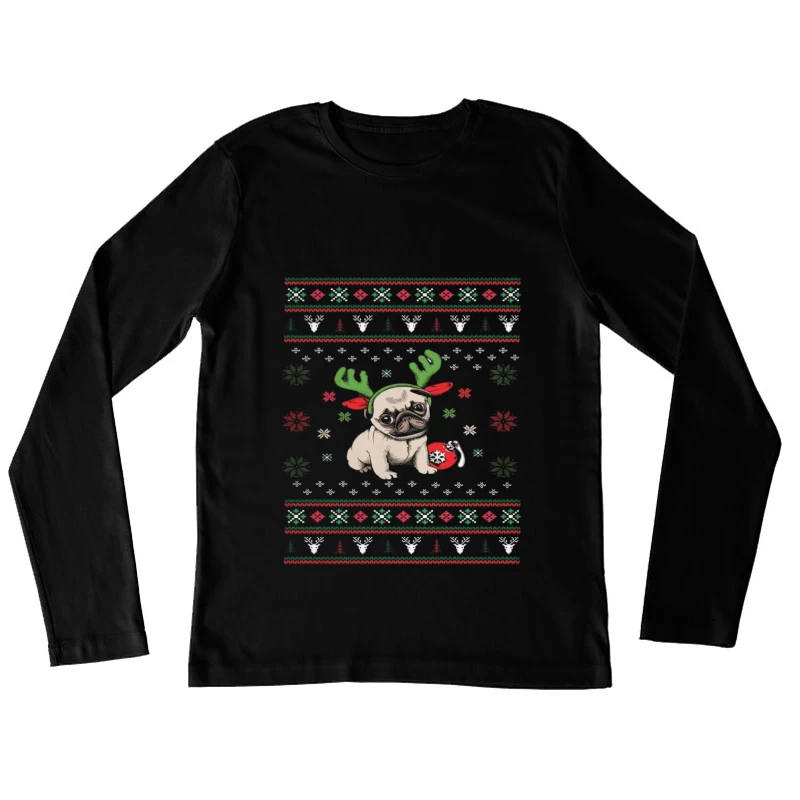 Chien de Noël avec bois de renne Femme Manches Longues T-Shirt