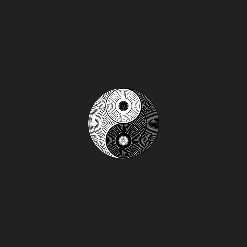 Intricate Yin Yang Maze Symbol: Balancing Geometry in Black and White Bucket Hat