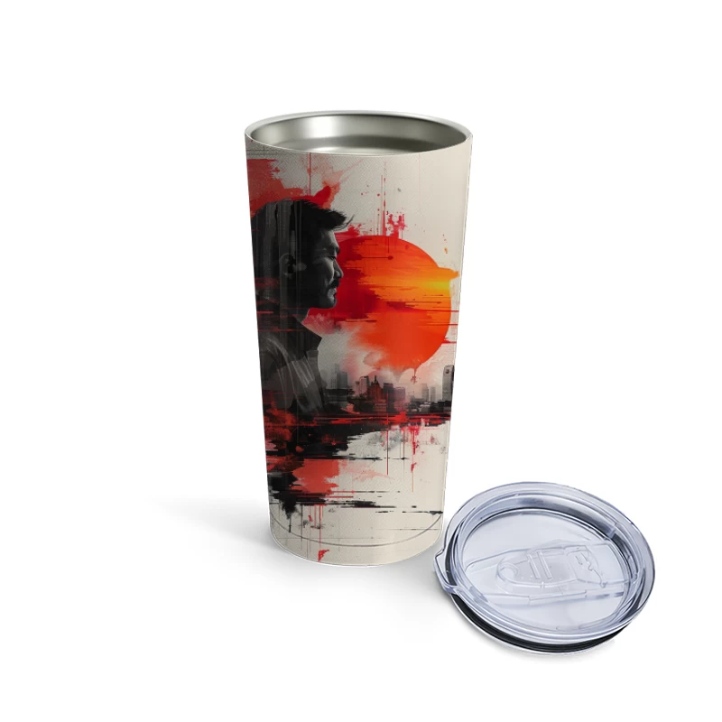 Urban Silhouette in Crimson Sunset Travel Mug