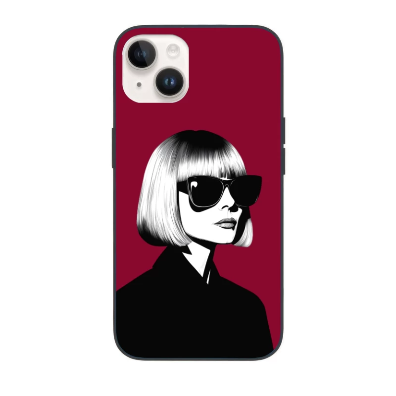 Monochrome Chic: Stylish Portrait of Fashion Icon with Bob Cut and Sunglasses iPhone Case
