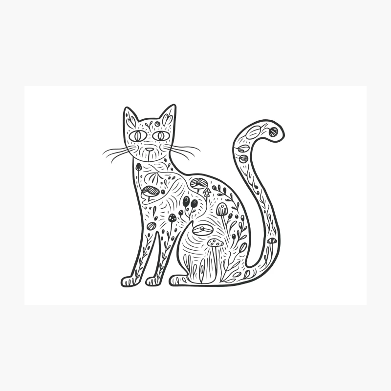 Whimsical Floral Cat: Nature-Inspired Line Drawing Travel Mug