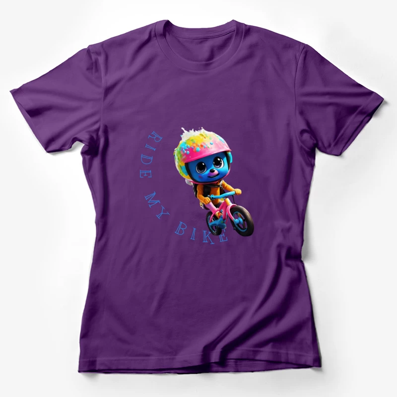 Cute Blue Animated Character Riding Colorful Bike with Safety Helmet Female T-Shirt