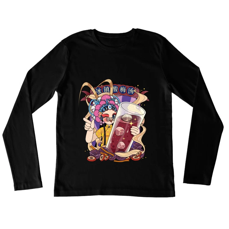 Chinesisches Getränk mit Opernfigur Damen Langarm T-Shirt