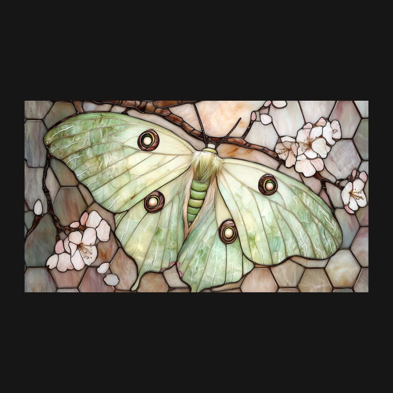 Luna Moth with Cherry Blossoms in Stained Glass Mosaic Desk Mat