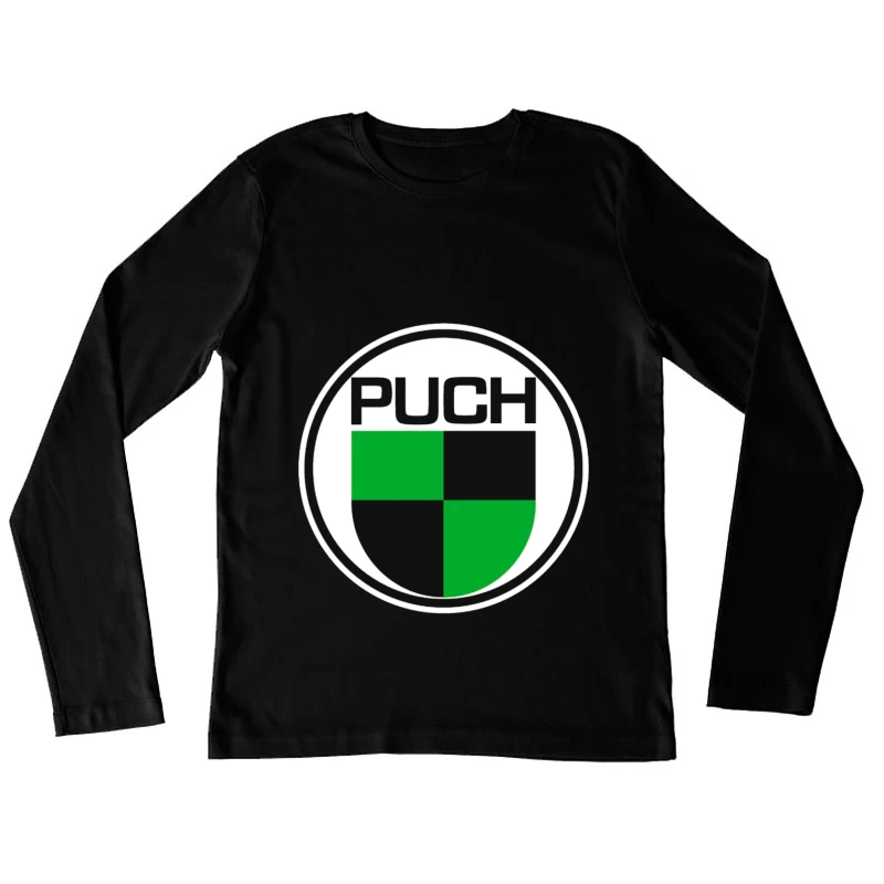 Vintage Puch Motorcycle Company Logo with Green and Black Shield Design Female Long Sleeve T-Shirt