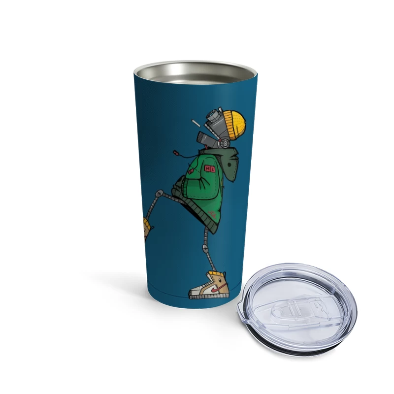 Stylish Robot in Green Jacket and Sneakers Travel Mug