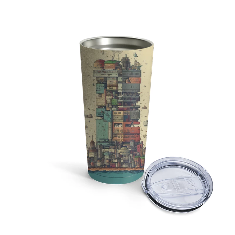 Retro-Futuristic Vertical City Island Travel Mug