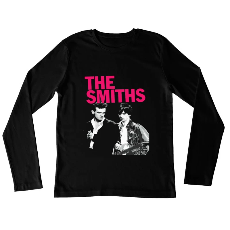 The Smiths: Iconic 1980s Indie Rock Band Portrait with Pink Logo Female Long Sleeve T-Shirt