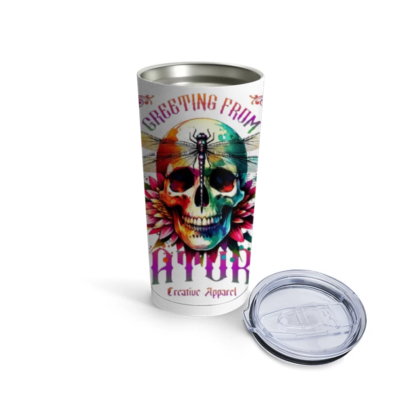 Rainbow Gothic Skull with Dragonfly and Floral Design - Nature Creative Apparel Travel Mug