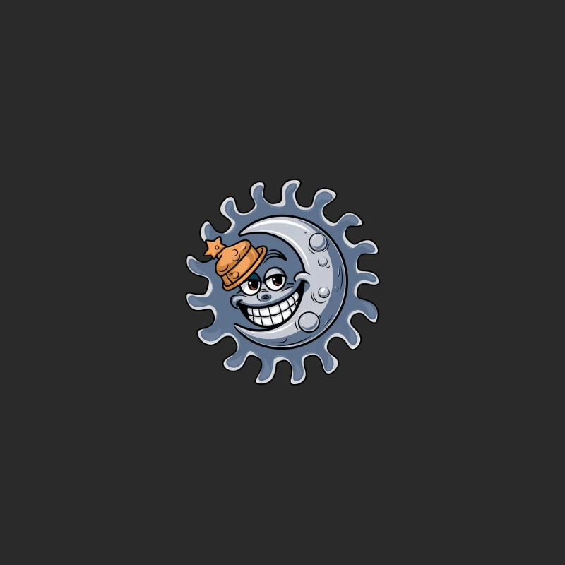 Smiling Moon Character with Hat in Gear Frame Baseball Cap