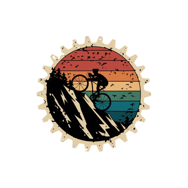 Retro Mountain Biking Silhouette at Sunset Tapestry