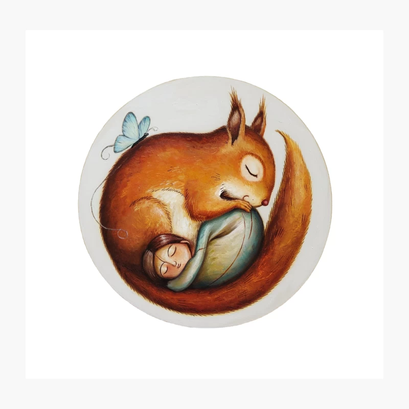 Whimsical Illustration: Nurturing Squirrel with Sleeping Baby and Butterfly Throw Pillow