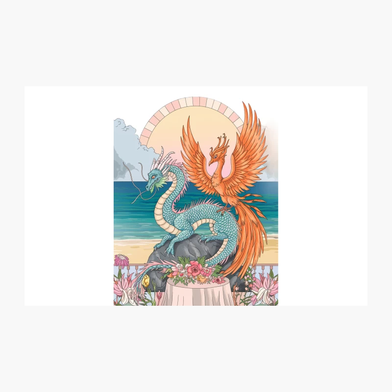 Mythical Creatures: Phoenix and Dragon in Vibrant Beach Fantasy Scene Travel Mug