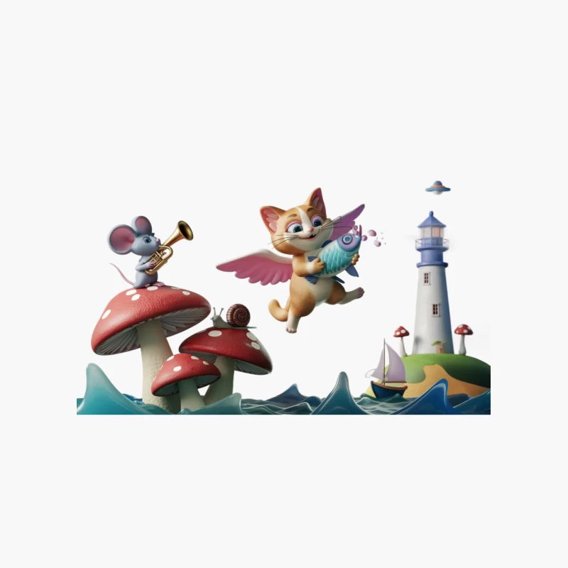 Whimsical Cartoon Fantasy with Cat, Mouse, and Lighthouse Cotton Tote Bag