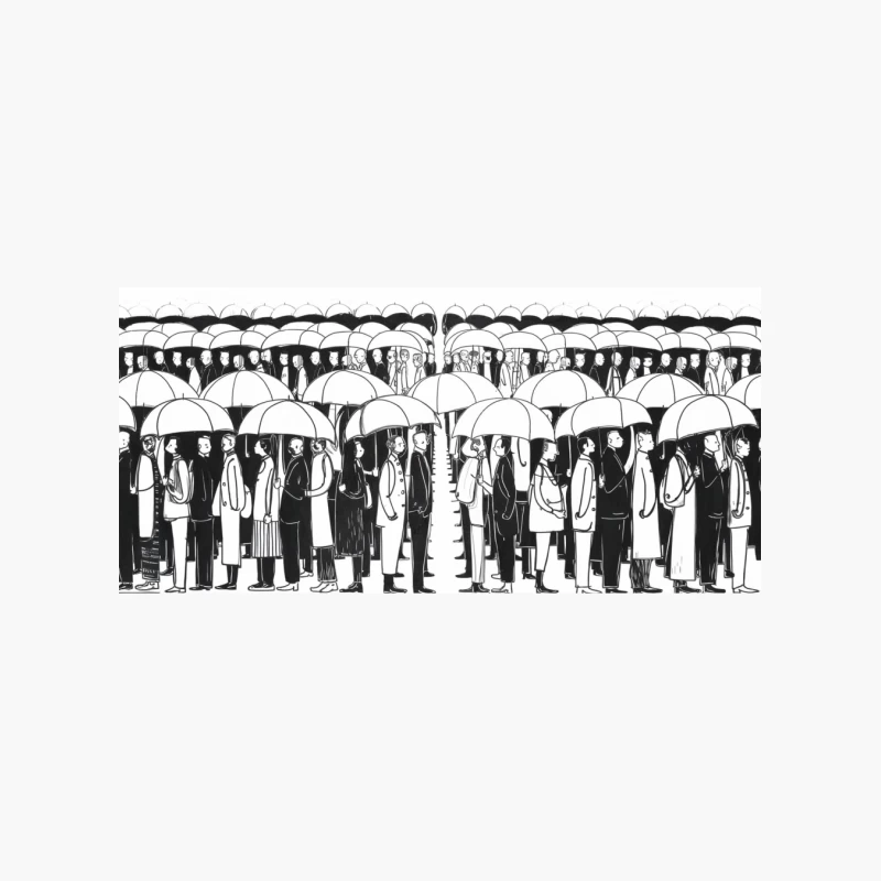 Crowded Urban Scene on a Rainy Day: Black and White Illustration Cotton Tote Bag