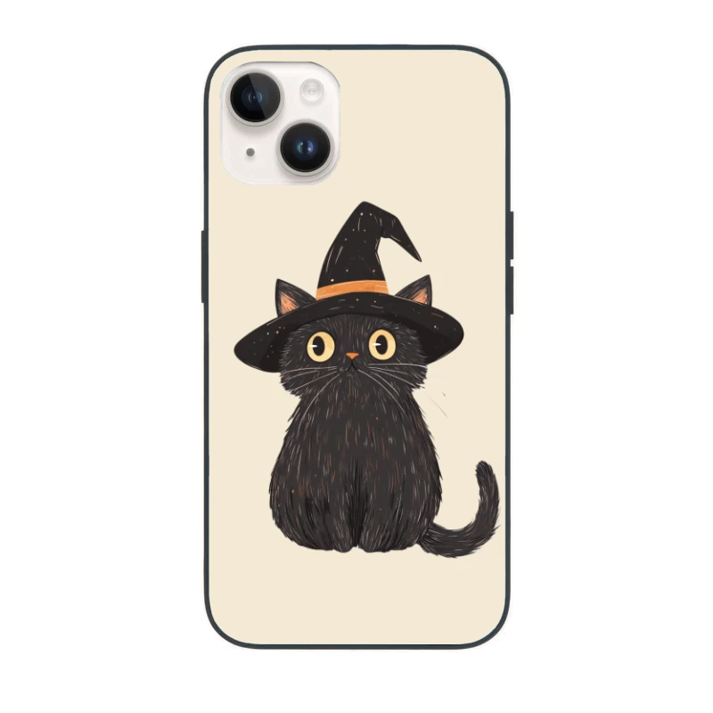 Whimsical Halloween Black Cat in Witch Hat Illustration iPhone Case