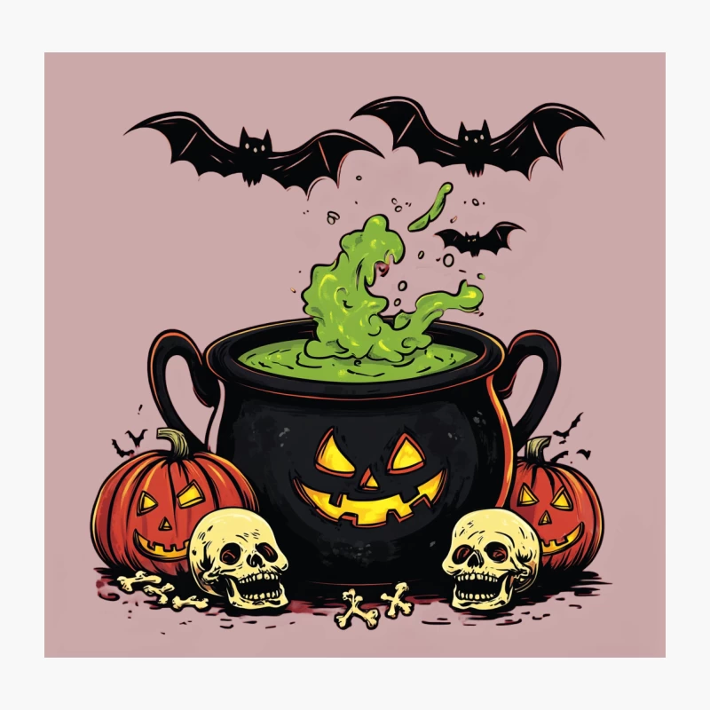 Spooky Halloween Cauldron with Bats, Pumpkins, and Skulls Throw Pillow