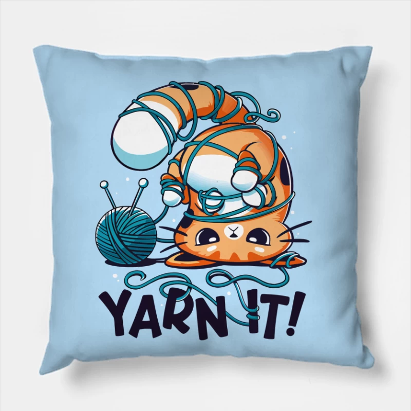 Yarn It! Whimsical Cat Illustration Throw Pillow