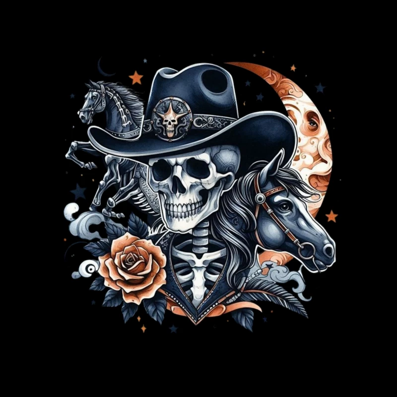 Skeleton Cowboy with Horses and Floral Elements Throw Pillow