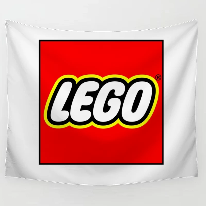 Classic LEGO Logo with Red Background and Yellow Border Tapestry