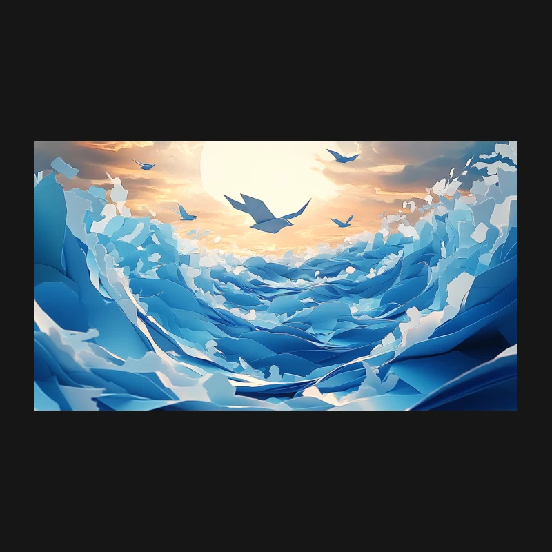 Surreal Paper Ocean Sunset with Flying Birds Desk Mat