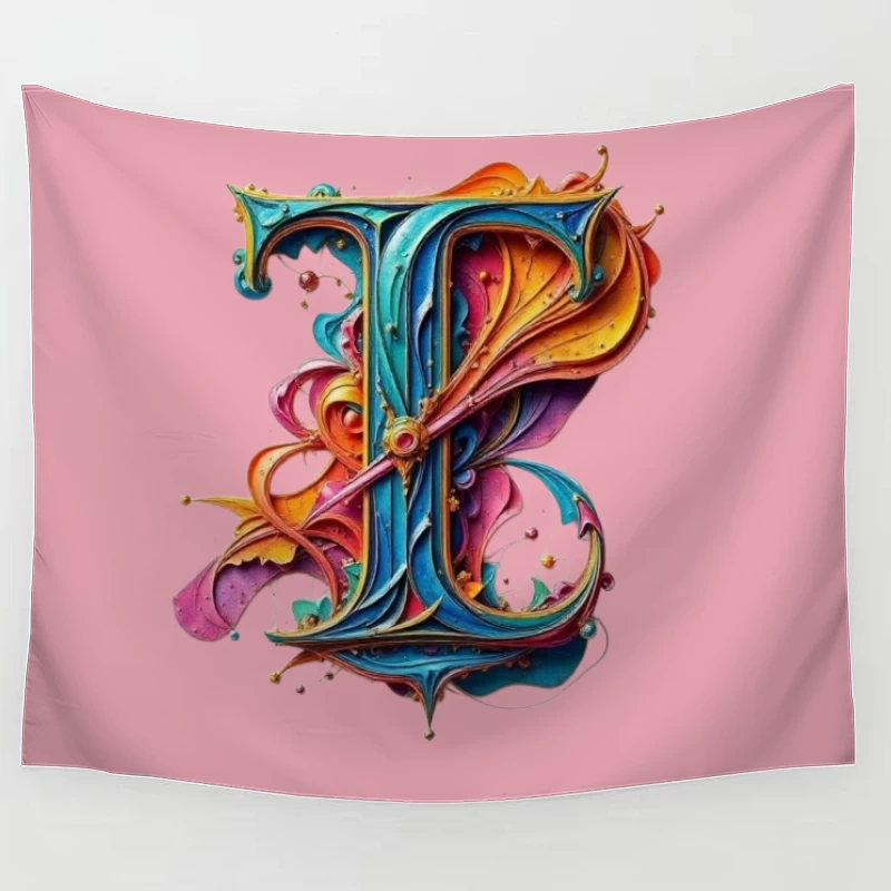 Ornate Colorful Letter T Typography with Decorative Flourishes Tapestry