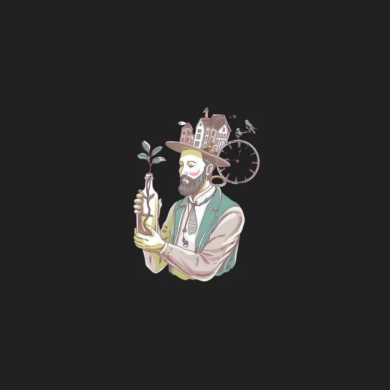 Whimsical Surreal Portrait of Saxophonist with Cityscape Hat Bucket Hat