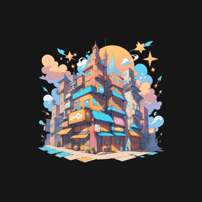 Colorful Urban Cityscape in Cartoon Style Male Long Sleeve T-Shirt