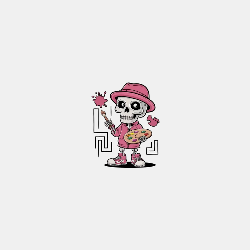 Pink Artistic Skeleton Cartoon Character with Painting Palette Bucket Hat