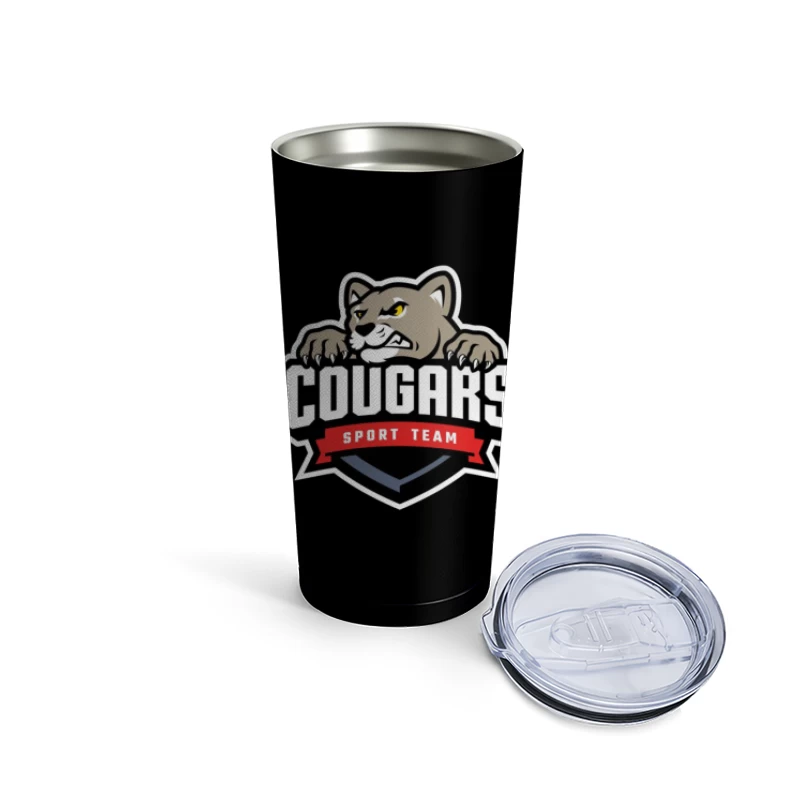 Fierce Cougar Sports Team Logo with Red Banner Travel Mug