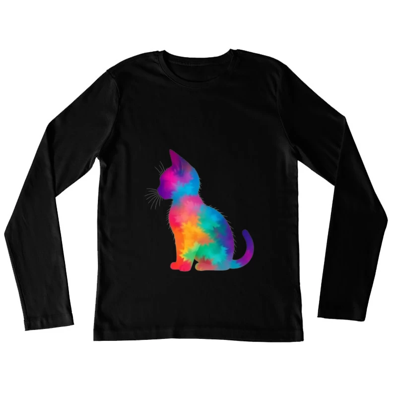 Rainbow Tie-Dye Cat Silhouette Art Female Long Sleeve T-Shirt