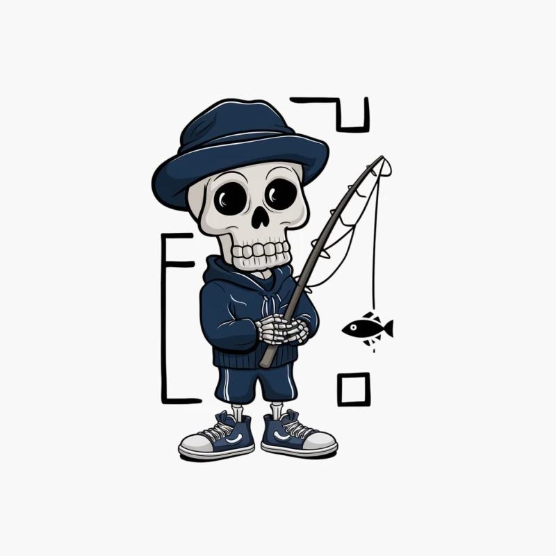 Cute Cartoon Skull Character in Blue Fishing Outfit Cotton Tote Bag