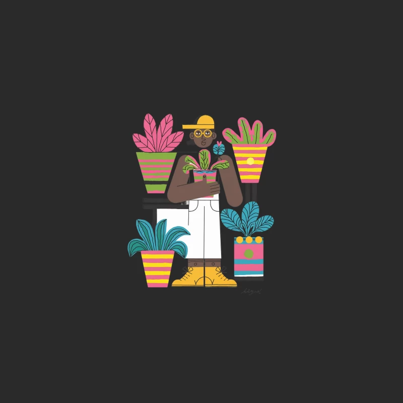 Vibrant Illustration of Plant Enthusiast Surrounded by Colorful Potted Houseplants Baseball Cap