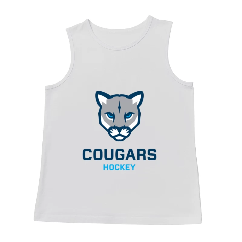 Cougars Hockey Team Logo with Blue and Gray Cougar Head Design Male Tank Top