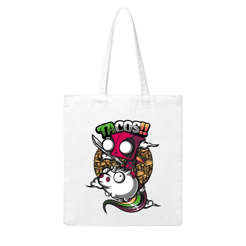 Colorful Cartoon of Tacos with a Unicorn and Knife-wielding Character Cotton Tote Bag