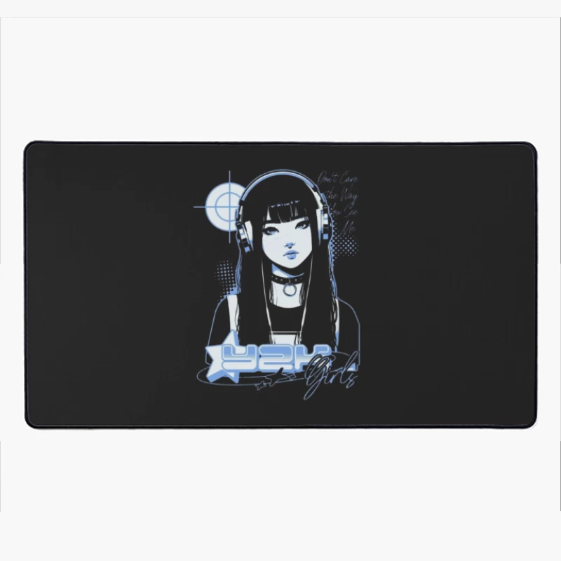 Blue Monochrome Gothic Anime Girl with Headphones Desk Mat