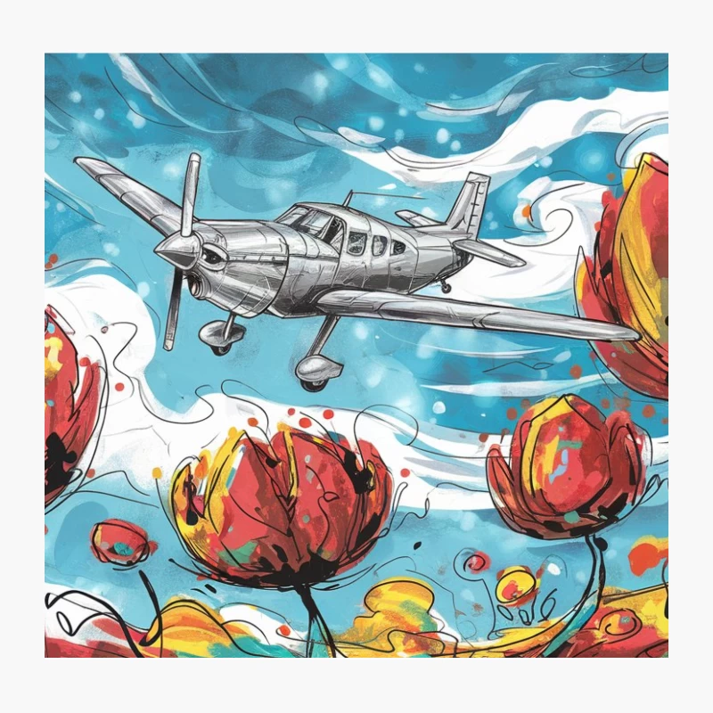 Surreal Airplane Flight Over Vibrant Floral Landscape Throw Pillow