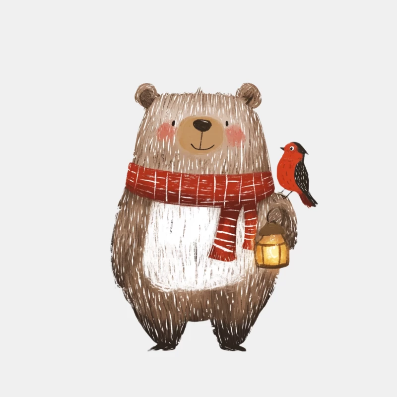 Cute Cartoon Bear with Lantern and Red Bird in Winter Male Tank Top