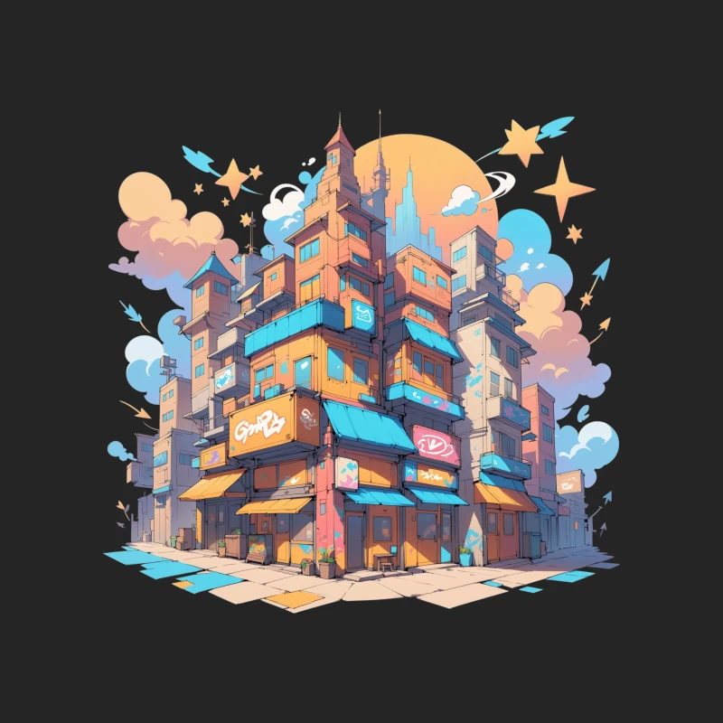 Colorful Urban Cityscape in Cartoon Style Male Pullover Sweatshirt