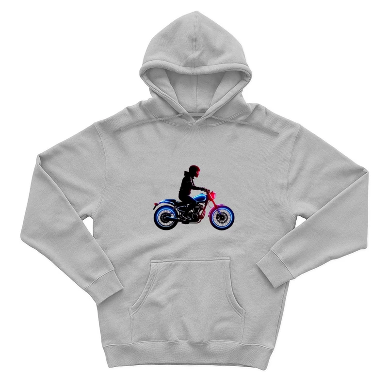 Neon-Lit Motorcycle Rider Silhouette Male Pullover Hoodie