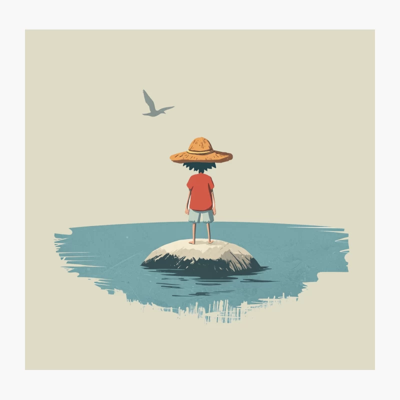 One Piece Solitary Summer Adventure: Illustration of a Figure on a Tiny Island Throw Pillow