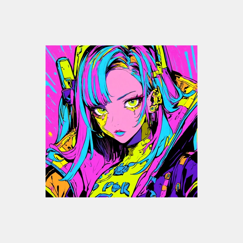 Neon Cyberpunk Anime Girl in Vibrant Digital Art Male Tank Top