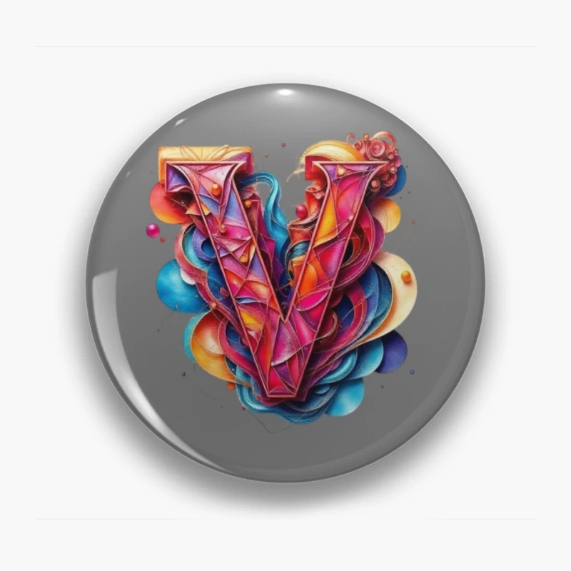 Vibrant Geometric Letter V with Abstract Swirls Pin