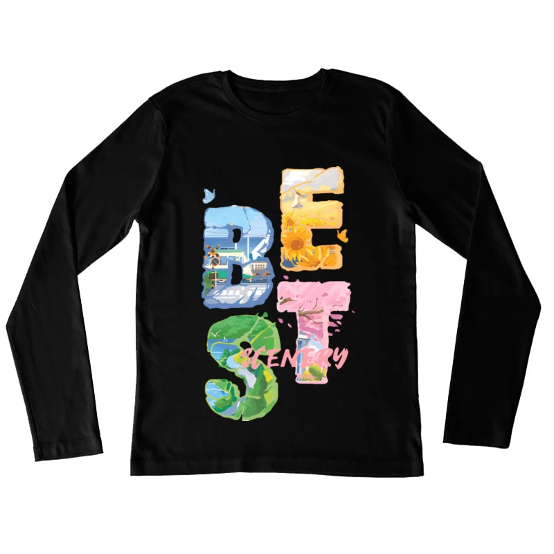 Bunte Landschaftsgrafik Damen Langarm T-Shirt