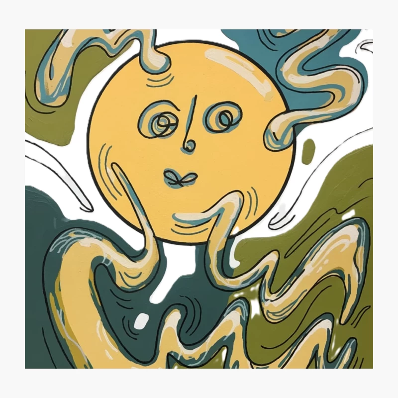 Surreal Yellow Face with Wavy Green Abstract Lines Throw Pillow